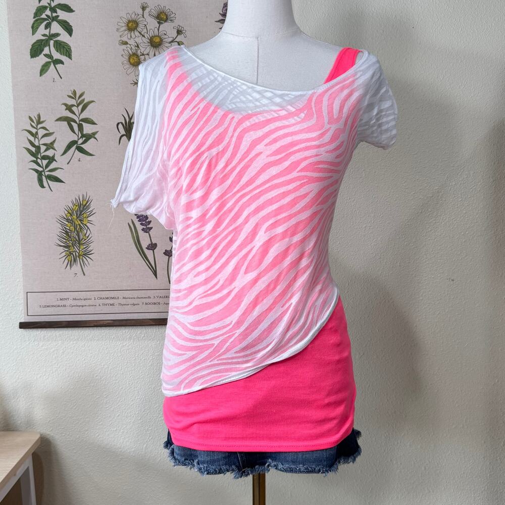 Vintage 90s Y2K Sheer Zebra Print Top Attached Pink Tank Emo Scene Kid Trashy S